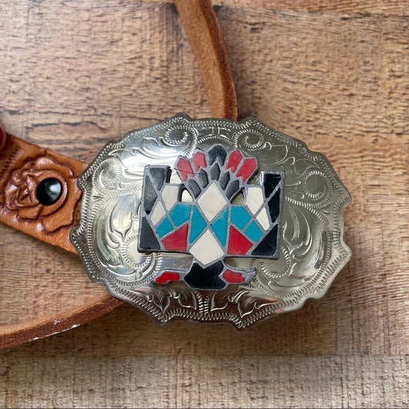 VINTAGE Native American Navajo Bird Nickel Silver Buckle Rose Carved Lether Belt - Picture 2 of 7